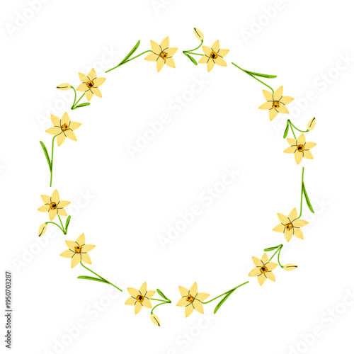 Vector floral wreath frame with delicate yellow daffodil flowers. Minimal spring narcissus border illustration for greeting card, wedding invitation, social media post, packaging, decorative poster.