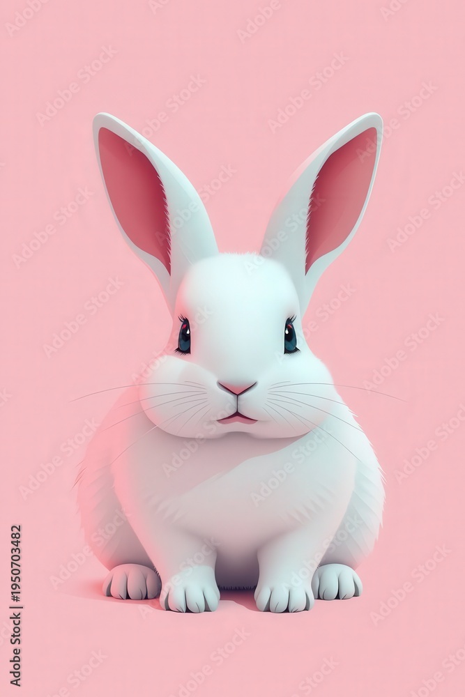 Fototapeta premium Cute white rabbit sits calmly on a soft pink background in a simple setting