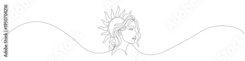 Beautiful one line drawing of a woman face profile with sun rays in hair, continuous line art featuring a minimalist outline and elegant flowing motion, modern single line illustration style.
