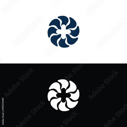 A dynamic blue and white logo features a central plus sign energetically surrounded by four flowing, curved elements, creating a captivating pinwheel or propeller effect.