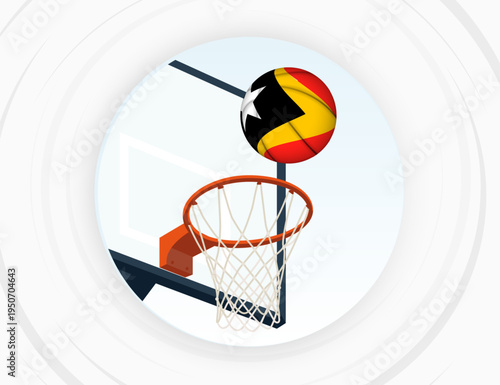 East Timor Flag Themed Basketball in Motion, Scoring Moment in Basketball Game.