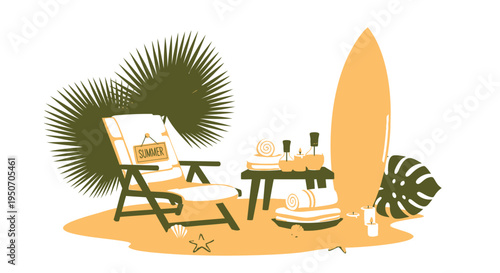 Beach scene vector illustration with chair, surfboard, and tropical leaves