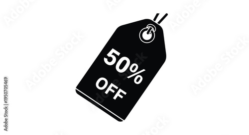 Black tag displaying fifty percent off a striking silhouette