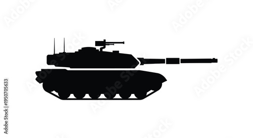 A black silhouette of a modern military tank side view silhouette