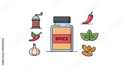 Spice bottle with various spices around.