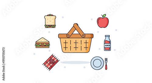 Picnic basket with food items around.