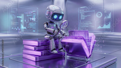 3D silver robot character sitting on books and reading with a magnifying glass. Artificial intelligence machine learning concept with glowing digital code and data screens