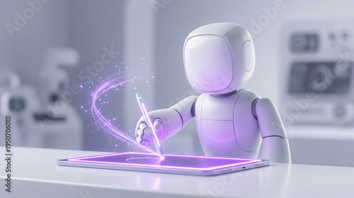 3D robot sitting at a desk drawing on a digital tablet with a stylus. Artificial intelligence character creating glowing purple digital art