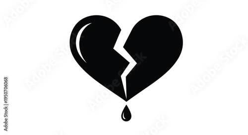 A broken heart with a single teardrop stark black silhouette