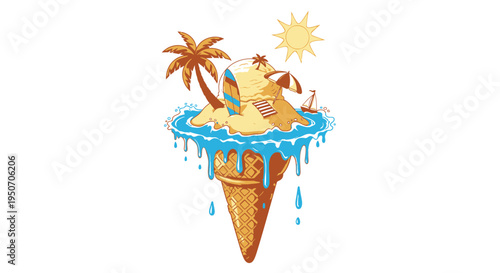 Vector illustration of melting ice cream cone with tropical island