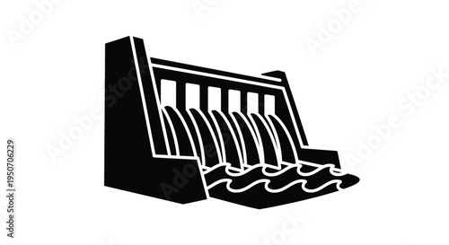 A stark black dam structure with flowing water a bold silhouette