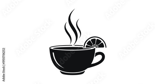 Stylized black silhouette of a hot drink with citrus silhouette