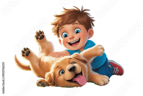 A cartoon boy and his golden retriever dog playing together on transparent background