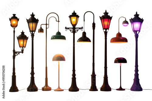 A collection of vintage street lamps and modern floor lamps on transparent background
