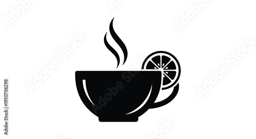 A steaming cup of tea with a lemon slice black silhouette