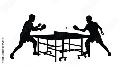 Two men playing table tennis in a dynamic black silhouette