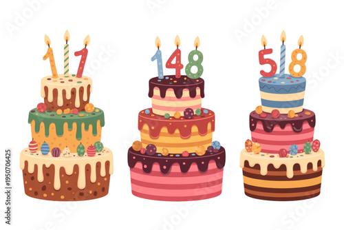 A colorful vector illustration of three tiered birthday cakes with candles and decorations on transparent background