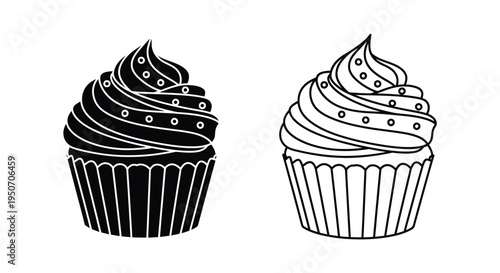 Two decorated cupcakes displayed in a simple black outline silhouette