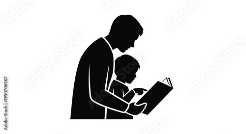 Father and son reading together a striking black silhouette