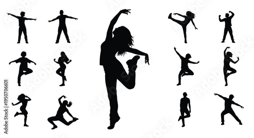 Diverse group of people dancing in various poses black silhouette