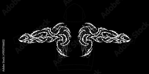 Aggressive cyber-grunge thorny wings graphic. Symmetrical sprawling neo-tribal spikes for sleeve or back prints. Edgy white line art for streetwear, metal, and dark fantasy apparel
