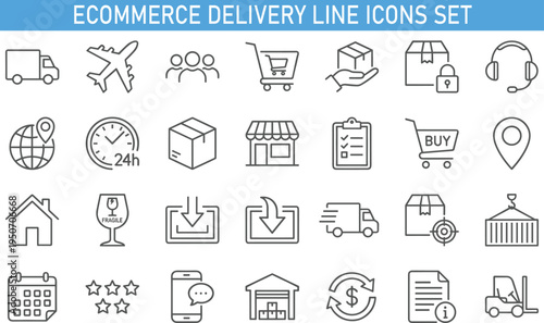 ecommerce delivery line icons set, online shopping logistics symbols collection, shipping package tracking store icons, modern thin line ecommerce delivery vector icon pack