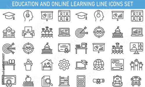 education and online learning line icons set, school university classroom graduation e learning webinar teaching student vector outline collection