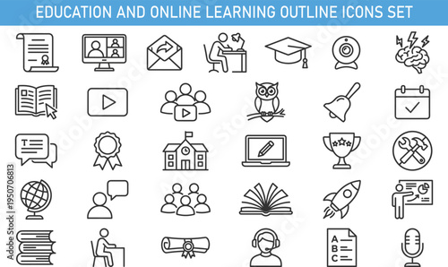education and online learning outline icons set, school university e learning training knowledge vector icons collection for academic study teaching and development
