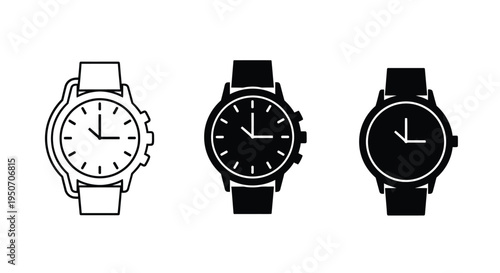 Three distinct wristwatches displayed in a simple black silhouette