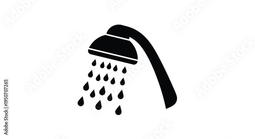 A black shower head emitting water droplets simple silhouette