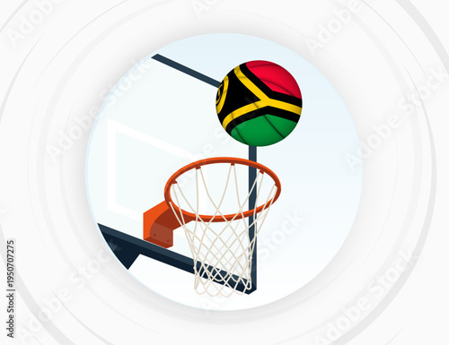 Vanuatu Flag Themed Basketball in Motion, Scoring Moment in Basketball Game.