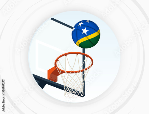 Solomon Islands Flag Themed Basketball in Motion, Scoring Moment in Basketball Game.