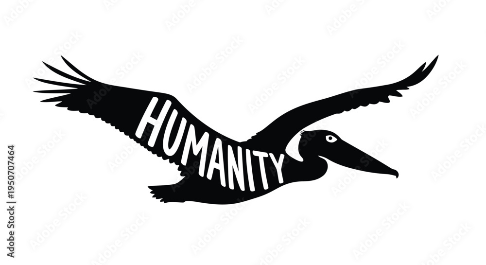 Obraz premium Black pelican silhouette with 'HUMANITY' text vector illustration
