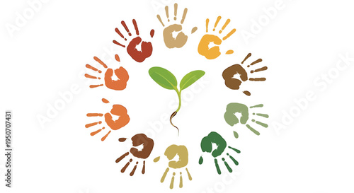 Vector illustration of diverse hands holding a sprouting seedling