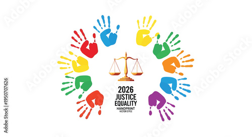 Vector illustration of rainbow hands around justice scales for equality and justice