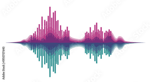 Abstract digital sound wave visualization with vibrant purple, pink, and teal spectrum bars. Modern graphic representing audio data, music, voice, and technology concepts.