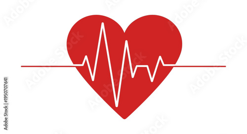 Red heart with a white electrocardiogram (ECG) line, symbolizing health, love, and medical care, isolated on a clean white background.