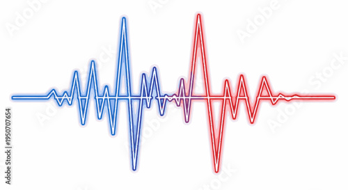 Dynamic blue and red neon sound wave visualization, depicting audio frequency, digital equalizer, and abstract energy pulse for music and data concepts.