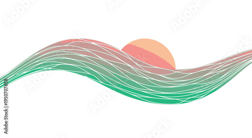 Modern abstract illustration of a sunset or sunrise over gentle waves, depicted with flowing gradient lines in green and pink, tranquil digital art.