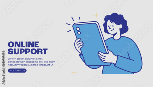 Online customer support service banner with person using smartphone representing digital help desk assistance mobile communication and remote service