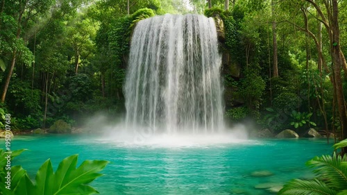 Majestic Waterfall Plunging Into Turquoise Pool Surrounded by Lush Green Forest in Natural Setting with Gentle Flow