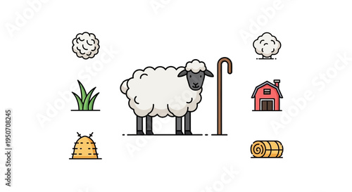 Sheep standing with shepherds crook nearby.