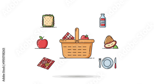 Picnic basket with food items inside.