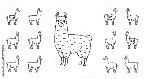 Llama standing with baby alpacas around.