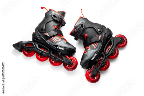 Black And Red Inline Roller Skates With Red Wheels For Fitness And Fun Adventure Outdoor, Roller blades isolated on white background