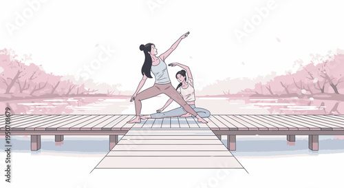 Two women practicing yoga and meditation on a serene wooden pier by a tranquil lake with cherry blossom trees, promoting wellness and peace.