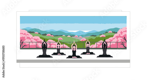 Group of women practicing yoga and meditation in a serene studio overlooking a beautiful spring landscape with cherry blossoms and mountains.