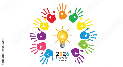 Vector innovation logo with colorful hand prints and light bulb