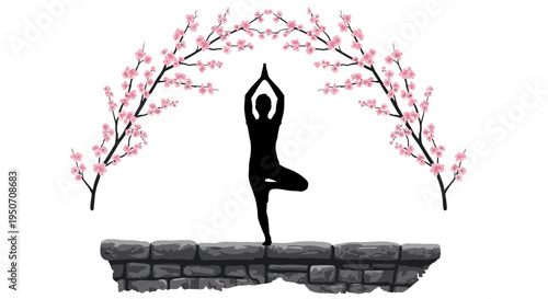 Yoga tree pose silhouette on a stone bridge with delicate pink cherry blossom branches forming an arch. Serene illustration for mindfulness and balance.