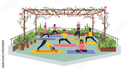 Diverse group practicing yoga outdoors on a rooftop garden with a flowering pergola, promoting health, wellness, and mindfulness in an urban setting.
